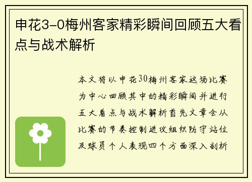 申花3-0梅州客家精彩瞬间回顾五大看点与战术解析