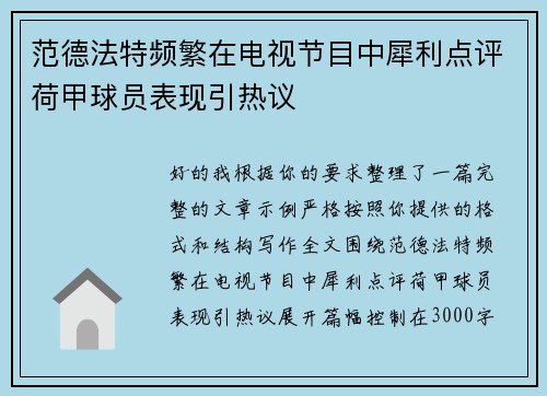 范德法特频繁在电视节目中犀利点评荷甲球员表现引热议